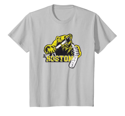 Grizzly Bear Biting Hockey Stick Claws Through Words Boston T-Shirt, Youth, Silver Grey, Large