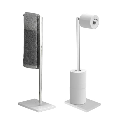JOMANDAN 304 Stainless Steel Freestanding Toilet Paper Holder with Marble Base - Multi-Roll Capacity, No-Drill Installation, Bathroom Organizer for Compact Spaces (Polished Chrome/White Marble)