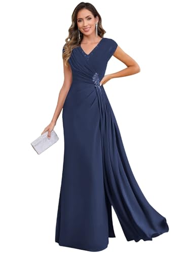 Mermaid Mother of The Bride Dresses for Women Cap Sleeves Formal Dress Long Chiffon Evening Gown4