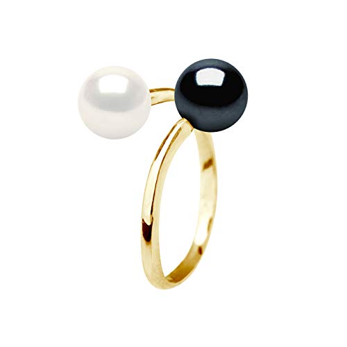 PEARLS & COLORS - Bague Véritables Perles de Culture d'Eau Douce Rondes 7-8 mm - Blanc Naturel et Black Tahiti - Qualité AAA+ - Disponible en Or Jaune et Or...