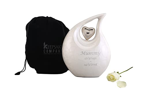 KEEPSAKE COMPANY White Teardrop Urn for Human Ashes with Blue Heart, Cremation Keepsake & Ash Holder, Custom Multple Option in Multiple Sizes