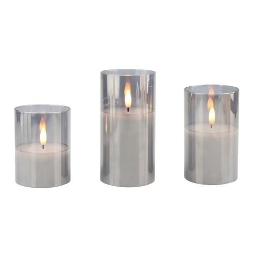 Stonebriar 3 Pack Real Wax Assorted Size Flameless LED Pillar Candles in Glass Hurricane with Remote and Timer