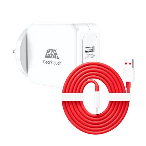 Image of GEARZTOUCH 100W SuperVOOC Power Adapter with Red Cable- Ultra Fast SuperVOOC Quick Flash Charger Compatible with 12 /12R /11 /11R /10 /10R, Nord CE 3 Lite 5G, Nord 2T 5G, Nord CE 2 Lite 5G, Nord 5G(White)