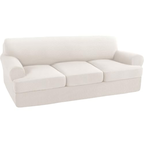 Turquoize 4 Piece T Cushion Sofa Slipcovers Stretch Couch Cover Furniture Covers with 3 Individual T Cushion Covers, Machine Washable (3 Cushion Sofa, Ivory)