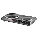 OVENTE Electric Countertop Double Burner, 1700W Cooktop with 7.25' and 6.10' Cast Iron Hot Plates, Temperature Control, Portable Cooking Stove and Easy to Clean Stainless Steel Base, Black BGS102B