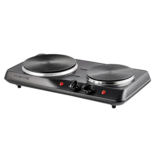Image of OVENTE Electric Countertop Double Burner, 1700W Cooktop with 7.25" and 6.10" Cast Iron Hot Plates, Temperature Control, Portable Cooking Stove and Easy to Clean Stainless Steel Base, Black BGS102B