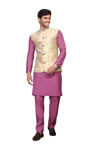 Men's Traditional Kurta Pajama with Sleeveless Printed Nehru Jacket Indian Ethnic Outfit for Wedding Festival 8