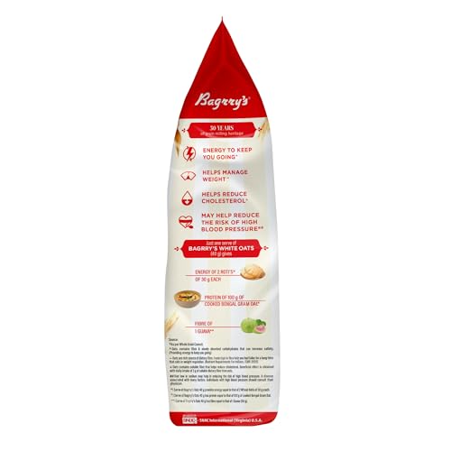 Image of Bagrry's White Oats 500gm Pouch | Natural Whole Grain | High Soluble Fibre | Protein Goodness | Helps Manage Weight & Reducing Cholesterol | Breakfast Cereal | Instant Oats (Pack of 2)