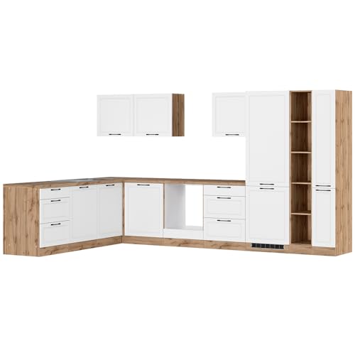 Lomadox Winkelküche Küche Einbauküche Küchenzeile L-Form 360/240 cm in weiß und Eiche, Arbeitsplatte in Eiche