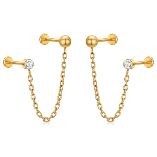 Humorrap Gold Flat Back Stud for Cartilage Helix Conch Earlobe ASTM F136 Titanium Double Piercing Earrings Dainty Chain Earrings for Women Implant Grade Cubic Zirconia Flatback Stud Earrings