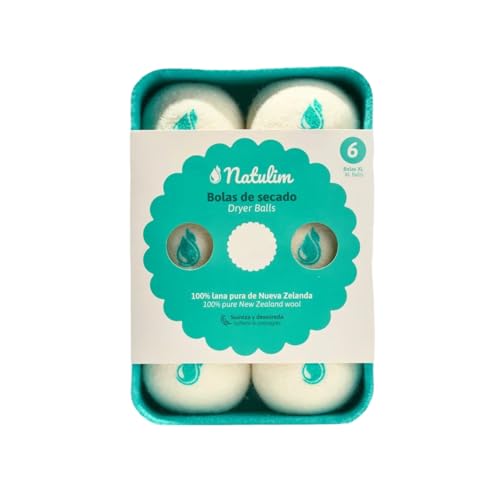 Natulim Bolas de Lana para Secadora - Suavizante de Tela Natural, Reutilizable, Reduce las Arrugas de la Ropa y Ahorra Tiempo de Secado - Solución Ecológica, Libre de Plástico, Cruelty-Free - 6 Pack
