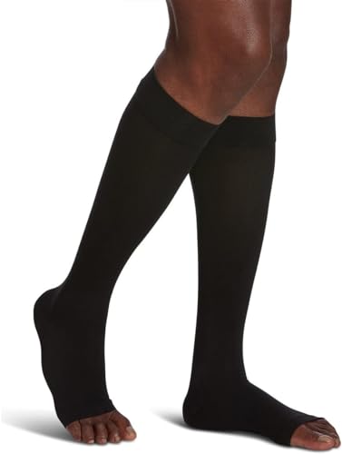 Image of SIGVARIS Men's & Women's Essential Opaque 860 Open Toe Calf-High Socks 20-30mmHg - Black - Large Long