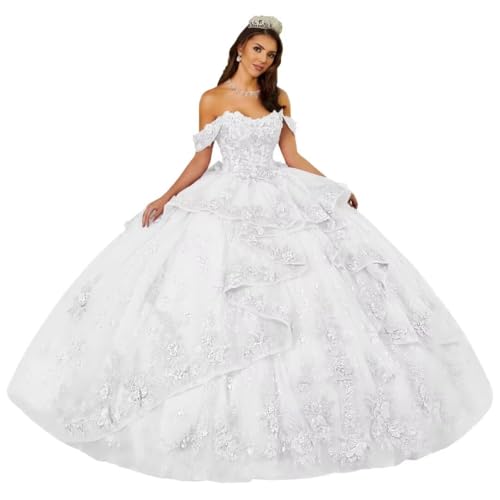 3D Flowers Lace Appliques Quinceanera Dresses Beaded Ruffles Ball Gown Off Shoulder Puffy Tulle Sweet 16 Dresses