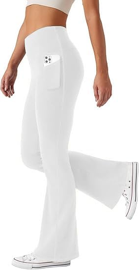 Friptspyg Hosen Damen mit Taschen Schlag Yogahose Hoher Taille Sporthose Elastische Freizeithose，Weiß L