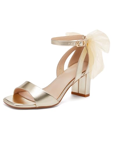 Coutgo Women's Bow Tie Heeled Sandals One Strap Chunky Heel Pumps Satin Ankle Buckle Dress Party Summer Shoes, Light Gold, Size 9