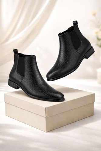 Image of Men's Leather Chelsea Boots | Ankle Boots with Textured Finish Formal & Smart Casual Boots | Comfortable Fit, Trendy, Stylish Boots | Leather Boots for Office /Fashionable