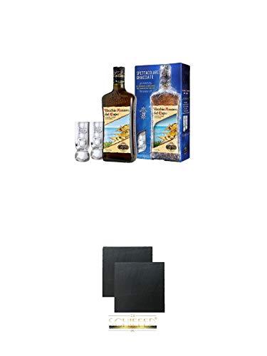 Caffo Vecchio Amaro del Capo Kräuterlikör 0 7 Liter + 2 Gläser in Geschenkverpackung + Schiefer Glasuntersetzer eckig ca. 9 5 cm Ø 2 Stück