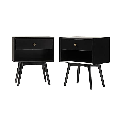 Walker Edison Mia Mid-Century Modern 1-Drawer Solid Wood Nightstands, Set Of 2, Black #TOP4