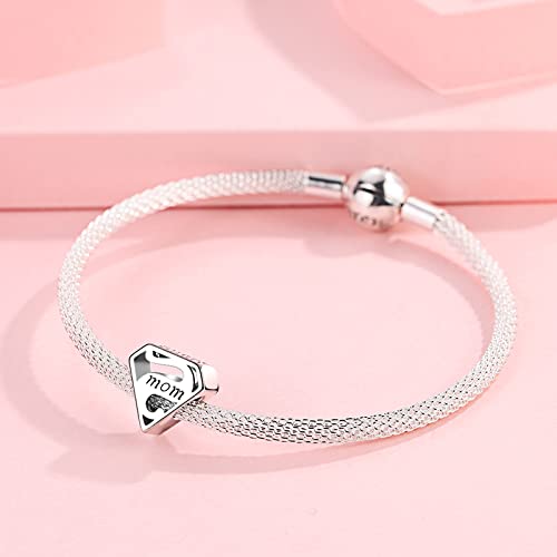 Dazlily Super Mom Heart Love Charm For Bracelets 925 Sterling Silver Charm Super Mom Charm Beads For Bracelets Necklaces Valentine's Day Mother's Day Gift Birthday Gift Jewelry For Women #TOP1