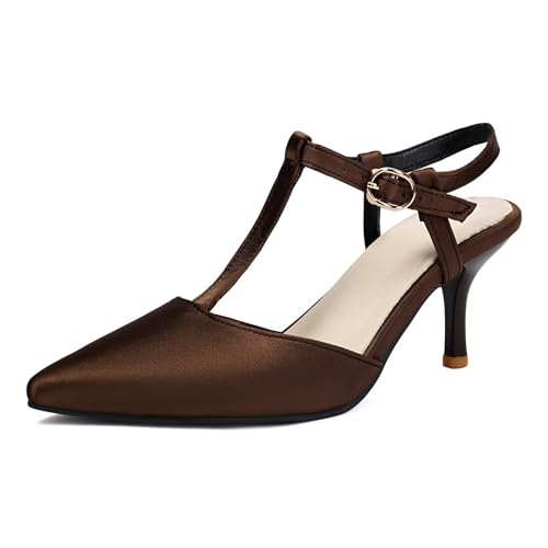 Women's Satin T-Strap Slingback Stilettos Pumps Sexy Closed Pointed Toe Ankle Strap High Heel Business Dress Shoes