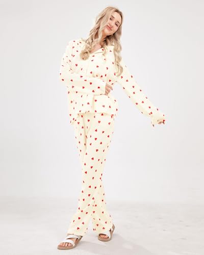 Womens Pajama Sets Cotton Pj Set Cute Heart Print Long Sleeve Button Down Shirt With Long Pants4