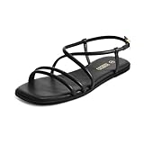 Rihero Black Flat Sandals for Women Summer Strappy Open Toe Slip On Ankle Strap Sandals Comfortable Dressy Size 8.5