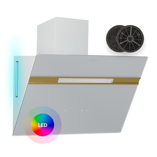 Klarstein Alina Campana Extractora - 60 cm, 600 m³/h, Eficiencia Energética A, Led 9 Colores, Panel Táctil, Bajo Ruido 52 dB, Blanca-Dorada, Extracción y Recirculación