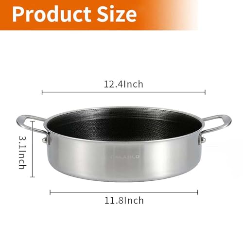 DELARLO 3 Ply Stainless Steel Saute Pan, 6 Quart Deep Fry Pan, 12" Induction Safe Chef Cooking Pan, Saute Pan with Lid, Dishwasher & Oven Safe