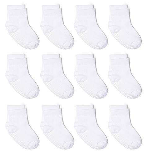 Zaples Grip Crew Socks with Non Slip/Anti Skid Soles for Baby Infants Toddlers Kids Boys Girls, White, 12-36 Months