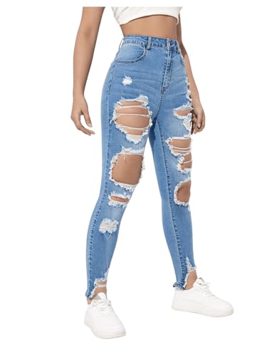 WDIRARA Women's High Waisted Ripped Raw Hem Skinny Jeans Distressed Cut Out Pants4