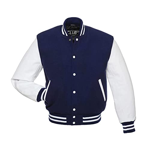 Club Crop Mens Premium Collage Baseball Varsity Jacket High School Letterman Bomber/Wool Body With Cow Hide Leather Sleeves (Dark Blue/White, L)