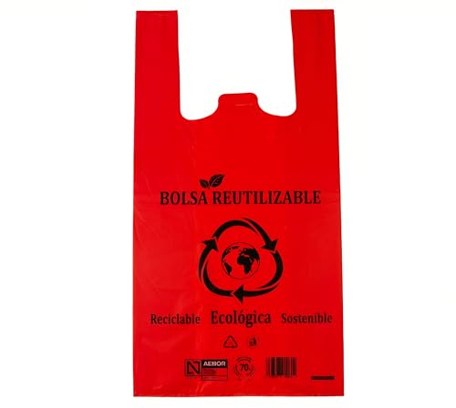 DAYMAND STORE | 100 Bolsas de Plastico con Asas de color ROJO con Material 70% Reciclado | Paquete de 100uds | Medida de las Bolsas Desplegadas 42x53cm | Bolsas Plastico Galga 200