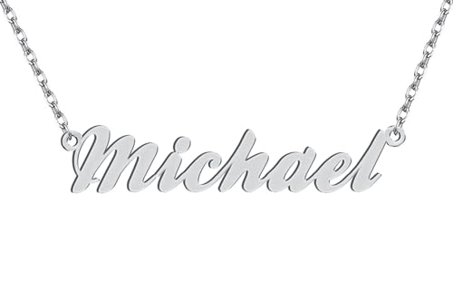 Dancing Wolf Silver Michael Name Necklace Initial Charm Nameplate Necklaces for Womens Birthday Friendship Jewelry Stainless Steel