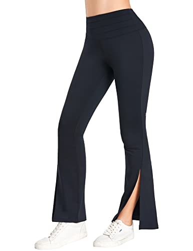 1A1A Flare Leggings For Women High Waist Workout Yoga Flared Pants Split Hem With Inner Pocket On The Back Tummy Control Black Small cover
