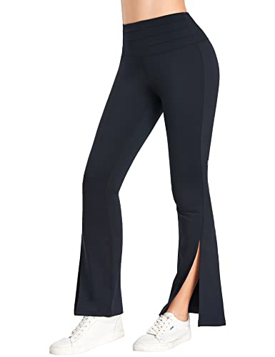 split back yoga pants - Flare Leggings for Women High Waist Workout Yoga Flared Pants Split Hem with Inner Pocket on The Back Tummy Control Black X-Large