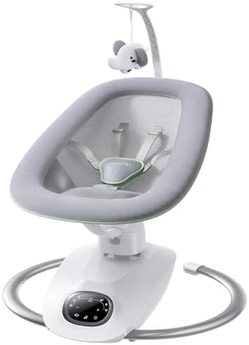 Momcozy CocoSway balancelle bebe electrique 3D-Motion pour nourrissons et tout-petits, 6 modes, 4 vitesses, siège pivotant 180°, télécommande, transats et balançoires, 5 harnais, 8 berceuses, gris
