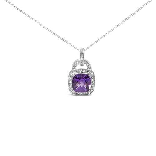 .925 Sterling Silver 10X10 MM Cushion Purple Amethyst and Diamond Accent Halo 18" Pendant Necklace (I-J Color, I1-I2 Clarity)
