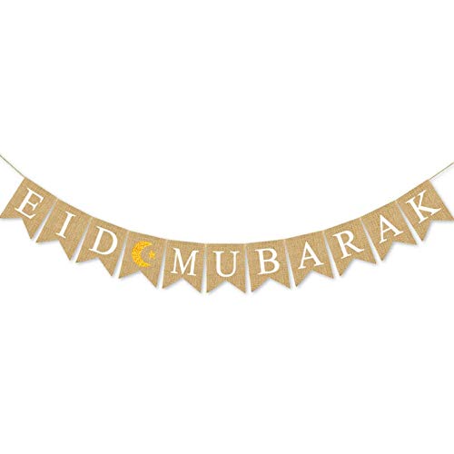 SWHATYW Burlap Eid Mubarak Banner Muslim Party Supplies Fireplace Mantel Decoration, Gold, 13cm*17cm