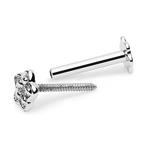 0.02 Ct Natural Diamond 14K White Gold Flower Nose Pin Lip Labret Piercing Ring Stud 8 Mm Screw Post #TOP1