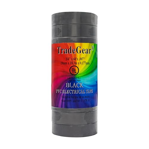 Image of TradeGear Black 10 Pack - UL Listed Colored Electrical Tape, 60 ft x 3 /4 in, 600V, Flame Retardant, Waterproof, Rubber Adhesive - Phase Marking, Wire ID, Automotive