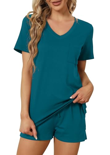 Image of RUBZOOF Women's Short Sleeve Pajama Sets with Pockets Casual V Neck 2 Piece Lounge Sets S-3XL