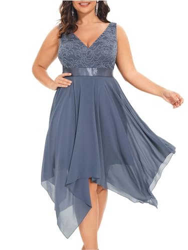 Image of Ever-Pretty Plus Women's V Neck Sleeveless Asymmetric Hem Lace Chiffon Short Summer Plus Size Wedding Guest Dresses