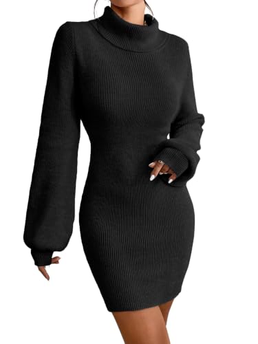 Image of Turtleneck Sweater Dress for Women Lantern Sleeve Mini Bodycon Ribbed Knit Sweater Pullover Short Dresses XS-XXL