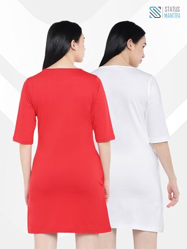 Image of STATUS MANTRA Long T-Shirt Dress for Women - Cotton Knee Length T Shirt Top | 3 /4th Sleeves, Soft Bio-Washed Fabric | Stylish Regular Fit Crew Neck