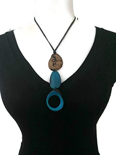 Long tagua necklace in turquoise, brown, organic handmade jewelry TAG644