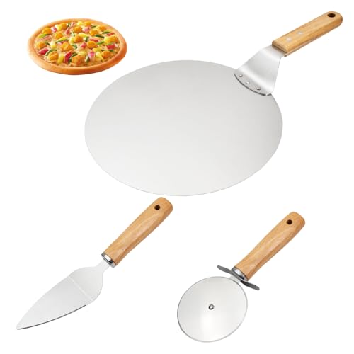 TAOTOO ステンレス ピザカッター ピザピール 3点セット 回転式 ピザナイフ 滑りにくい 木製ハンドル ケーキサーバー ピザ窯キット 指保護装置 パイサーバー ピザ切りカッター 家庭用 業務用 