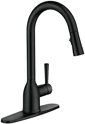 Moen Adler Matte Black One-Handle High Arc Kitchen Sink Faucet with Power Clean, Modern Kitchen Faucet with Pull Down Sprayer, 87233BL