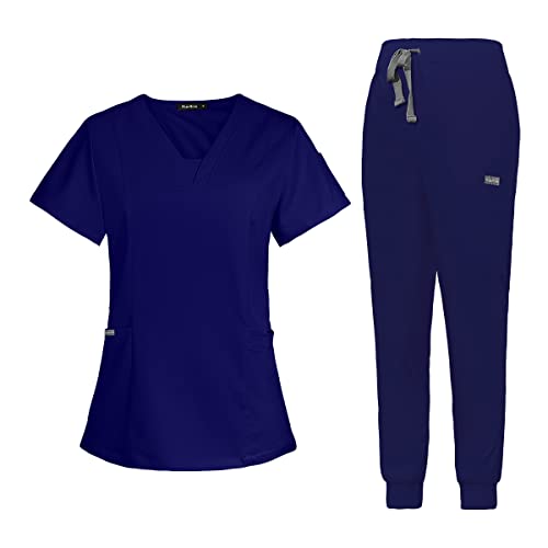 Scrub Set for Women Medical Nursing Uniform Natural Stretch Premium Modern Neck Top & Scrub Jogger Pants (Navy Blue,M,Medium)
