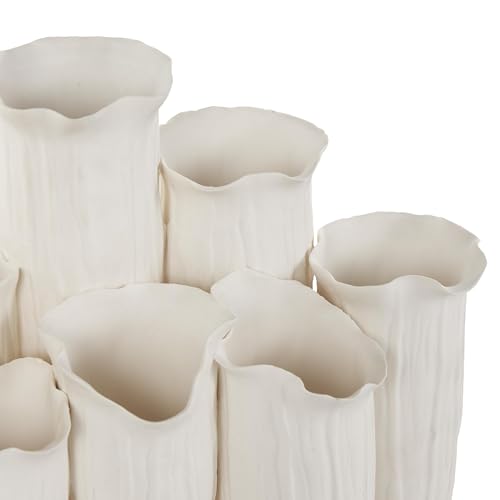 Image of Deco 79 Ceramic Abstract Floral Inspired Vase with Linear Grooves and 10 Openings, 14 inch x 5 inch x 11 inch, White