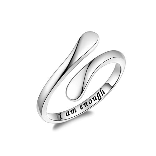 Fookduoduo 925 Sterling Silver Ring Inspirational Jewelry adjustable Wrap Open Rings for Women (I am enough)